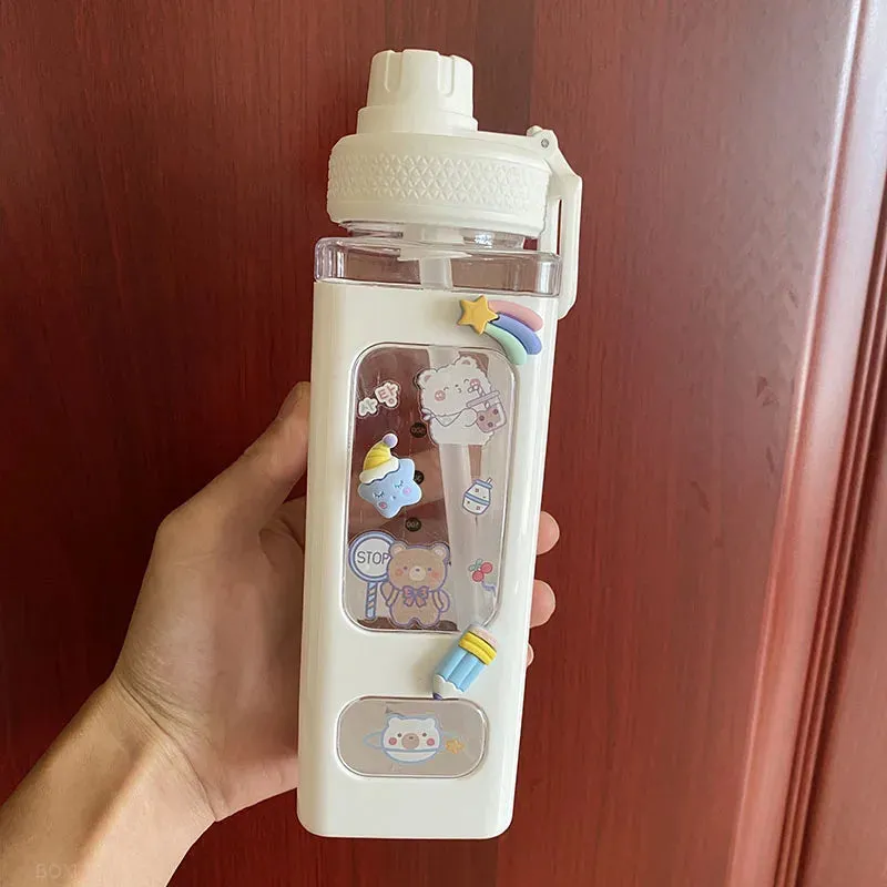 🌈 Kawaii Square Straw Bottle 🥤✨ Cute & Colorful Water Container for Adventures! 🏞️🎉