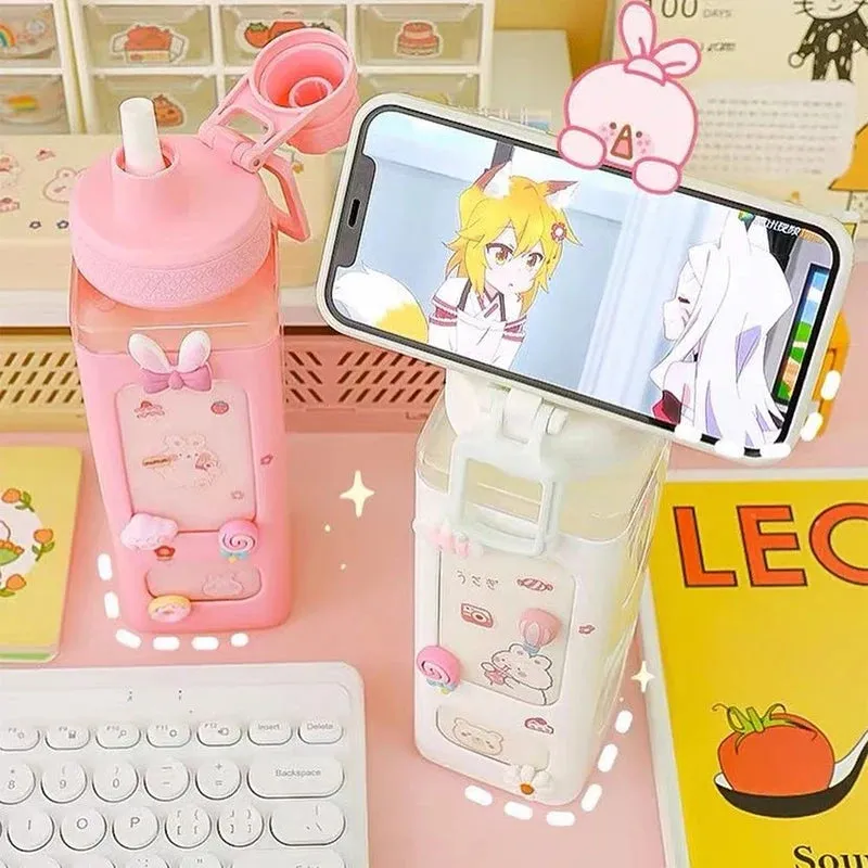 🌈 Kawaii Square Straw Bottle 🥤✨ Cute & Colorful Water Container for Adventures! 🏞️🎉