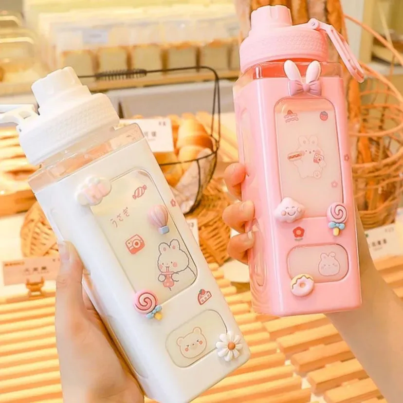 🌈 Kawaii Square Straw Bottle 🥤✨ Cute & Colorful Water Container for Adventures! 🏞️🎉