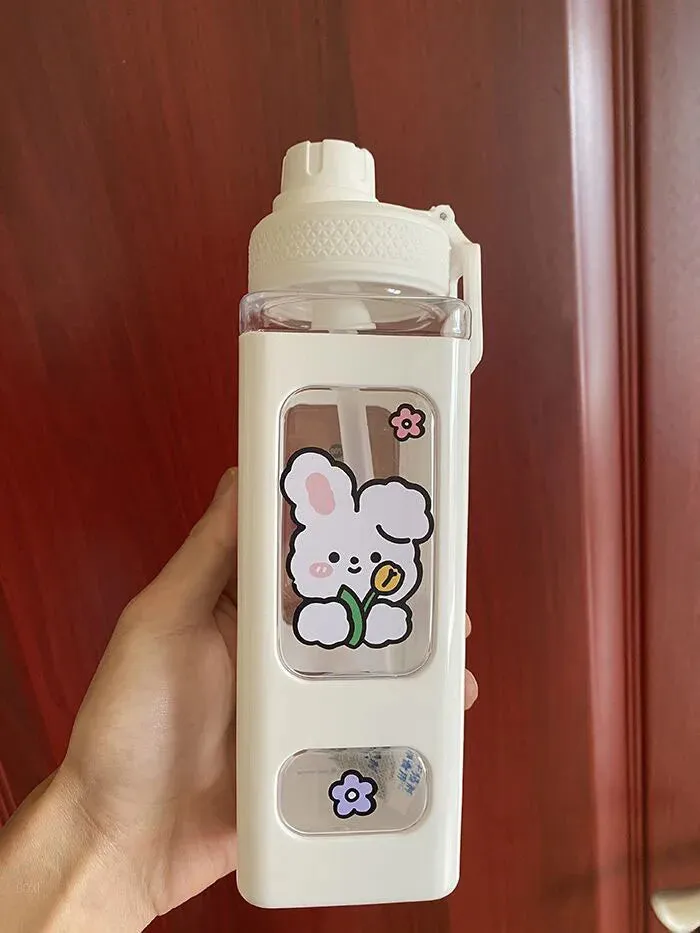 🌈 Kawaii Square Straw Bottle 🥤✨ Cute & Colorful Water Container for Adventures! 🏞️🎉