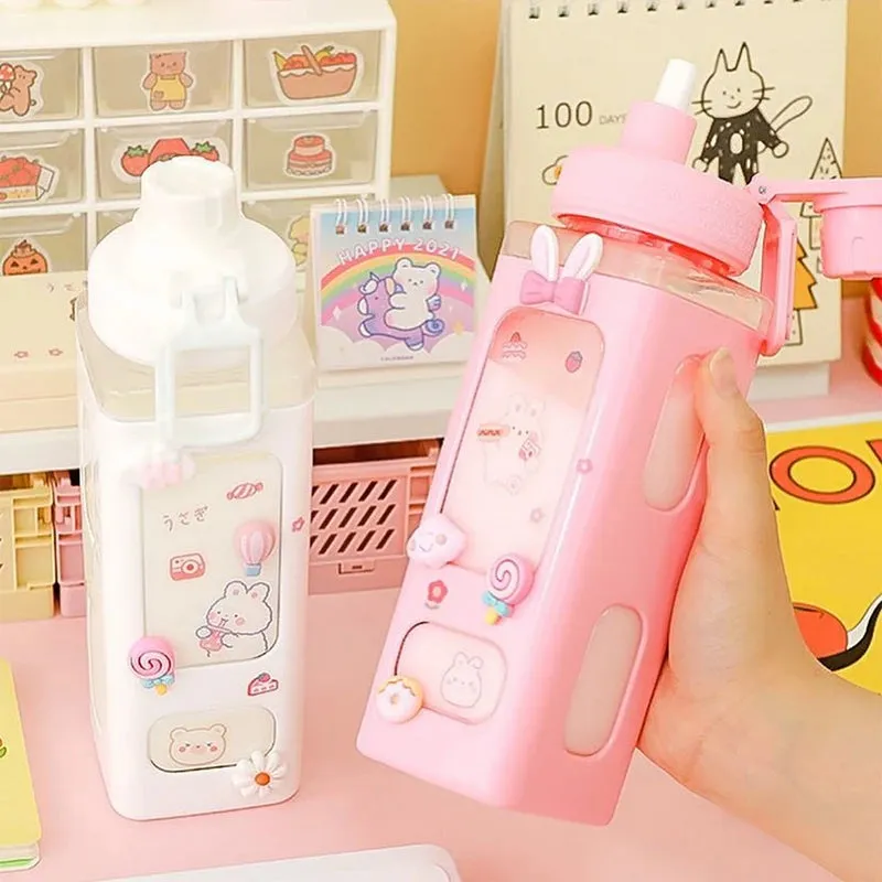 🌈 Kawaii Square Straw Bottle 🥤✨ Cute & Colorful Water Container for Adventures! 🏞️🎉