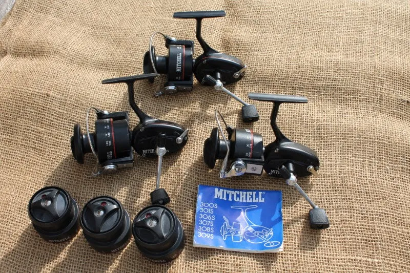 3 x Mitchell 300S Old School Carp Fishing Reels   Spare Spools.