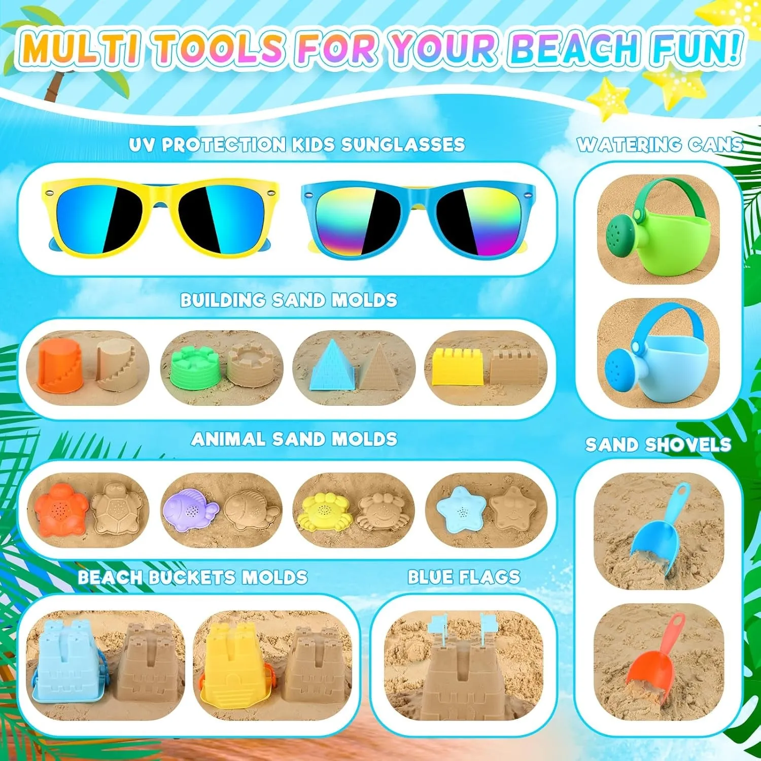 42 PCS Beach Toys and Sand Toys, Sandbox Toys Beach Toys for Kids 3-10, Kids Beach Toys with Sand Bucket, Mesh Bags, Kids Sunglasses, Sand Castle Toys for Beach, Sand Toys for Toddlers Age 3-5