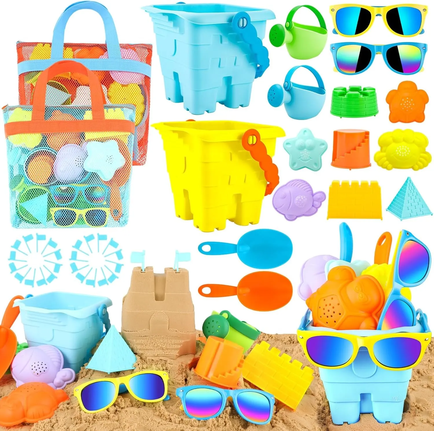 42 PCS Beach Toys and Sand Toys, Sandbox Toys Beach Toys for Kids 3-10, Kids Beach Toys with Sand Bucket, Mesh Bags, Kids Sunglasses, Sand Castle Toys for Beach, Sand Toys for Toddlers Age 3-5