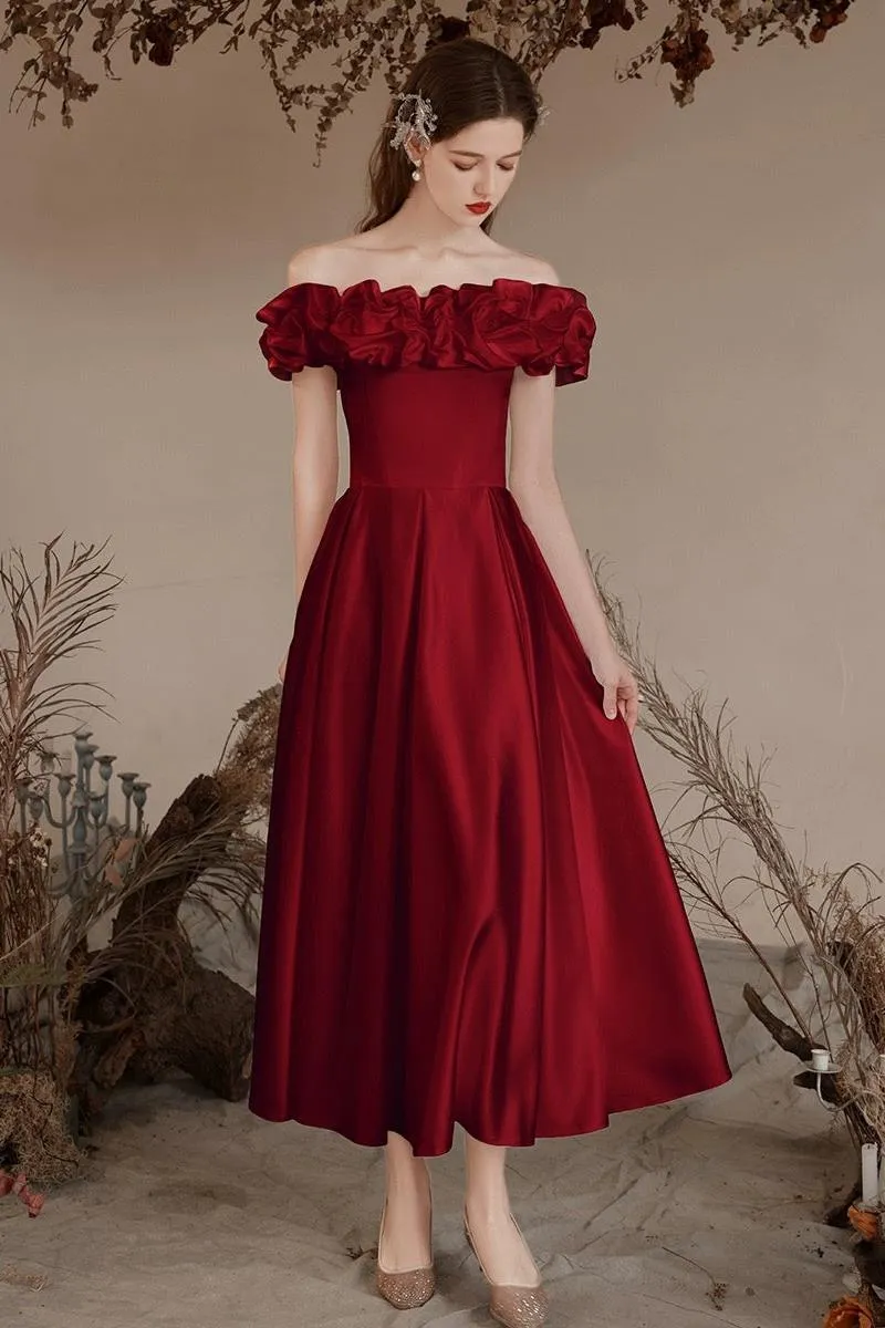 A Line Prom Dress Off the Shoulder Satin Tea Length Burgundy Formal Evening Dress