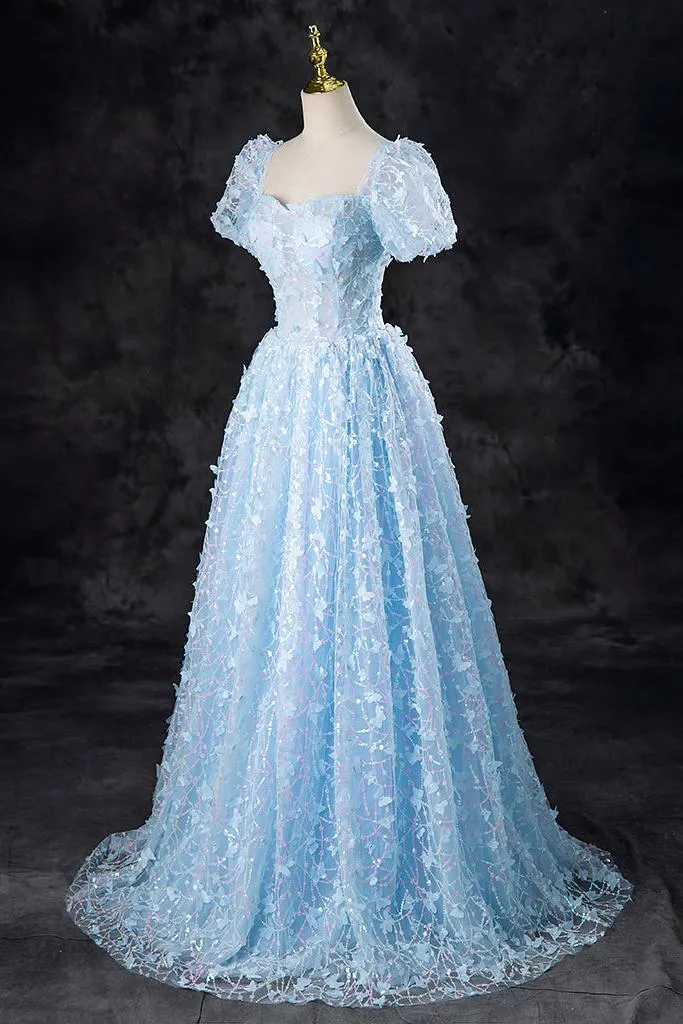 A Line Prom Dress Tulle Sequin Lace Blue Long Formal Evening Dress