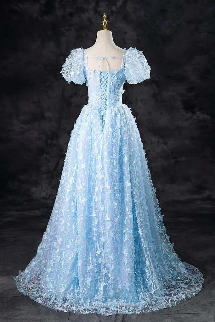 A Line Prom Dress Tulle Sequin Lace Blue Long Formal Evening Dress