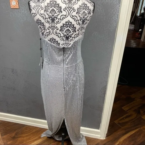 Adrianna Papell high neck Long silver Sequin Gown
