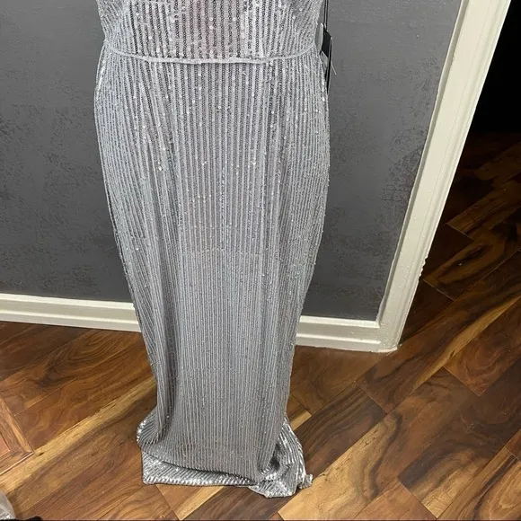 Adrianna Papell high neck Long silver Sequin Gown