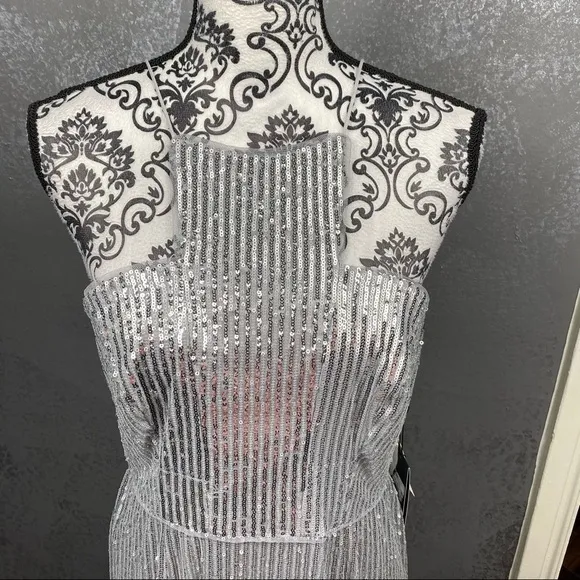 Adrianna Papell high neck Long silver Sequin Gown