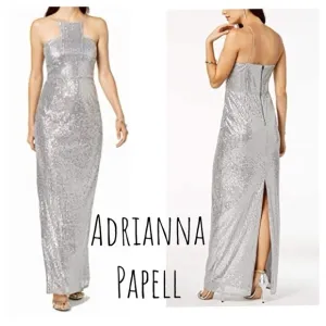 Adrianna Papell high neck Long silver Sequin Gown
