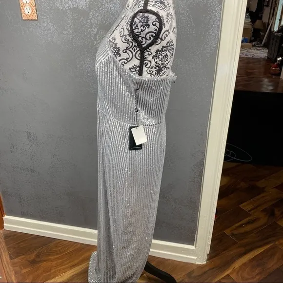 Adrianna Papell high neck Long silver Sequin Gown