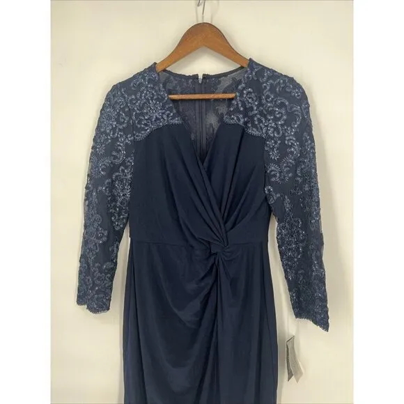 Alex Evening Womens Size 6 Navy Embellished Twist-Front Embroidered Sheath Dress