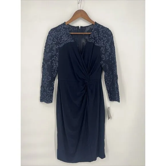 Alex Evening Womens Size 6 Navy Embellished Twist-Front Embroidered Sheath Dress