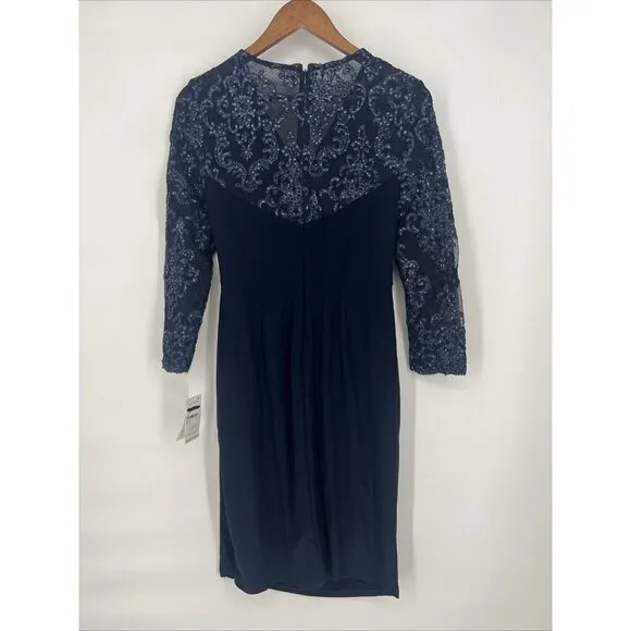 Alex Evening Womens Size 6 Navy Embellished Twist-Front Embroidered Sheath Dress