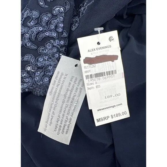 Alex Evening Womens Size 6 Navy Embellished Twist-Front Embroidered Sheath Dress