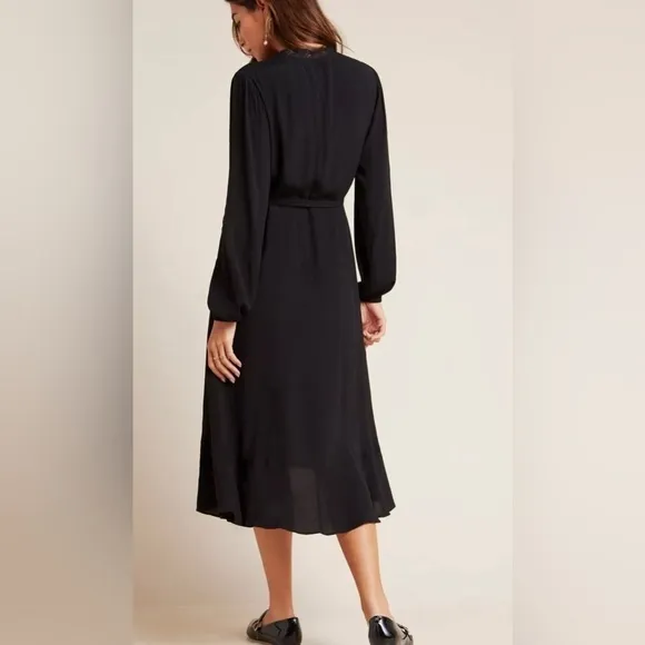 Anthropologie Angela Black Ruffle Wrap Dress Long Sleeve V Neck High Low Size S