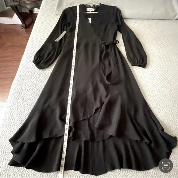 Anthropologie Angela Black Ruffle Wrap Dress Long Sleeve V Neck High Low Size S