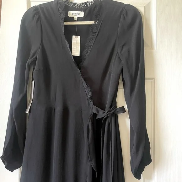 Anthropologie Angela Black Ruffle Wrap Dress Long Sleeve V Neck High Low Size S