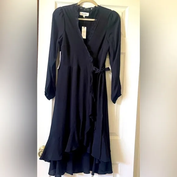 Anthropologie Angela Black Ruffle Wrap Dress Long Sleeve V Neck High Low Size S