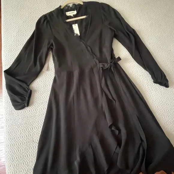 Anthropologie Angela Black Ruffle Wrap Dress Long Sleeve V Neck High Low Size S