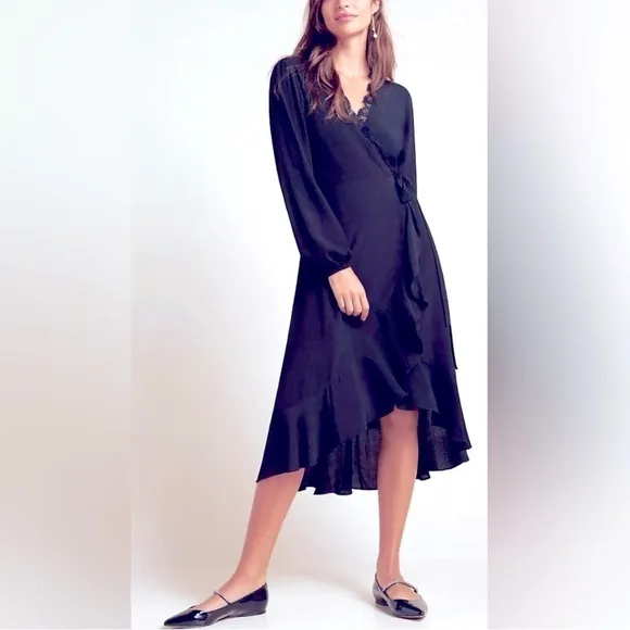 Anthropologie Angela Black Ruffle Wrap Dress Long Sleeve V Neck High Low Size S