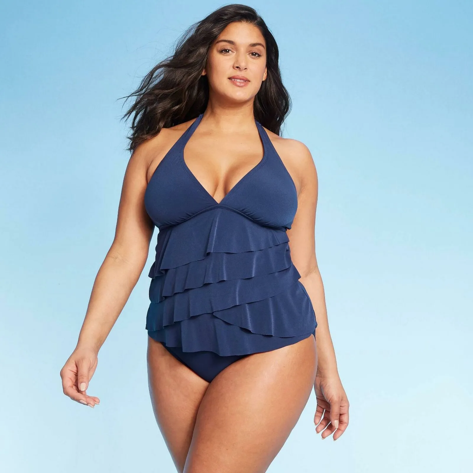 Aqua Green Women's Ruffle Halter V-Neck Tankini Top