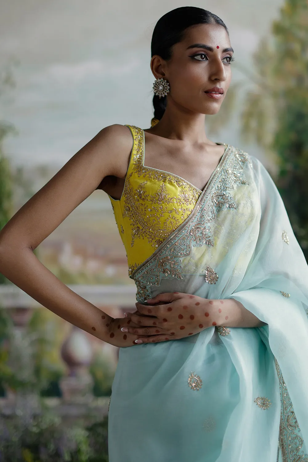 Aqua Yellow Saree Set