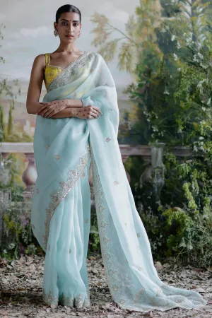 Aqua Yellow Saree Set