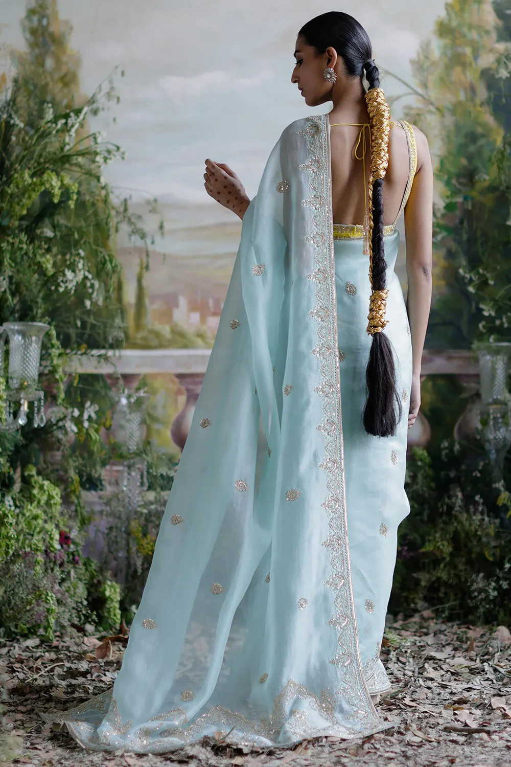 Aqua Yellow Saree Set