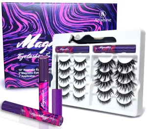 Arishine Natural Look 10 Pairs of 3D 5D False Magnetic Eyelashes and Eyeliner Kit with Applicator Tool
