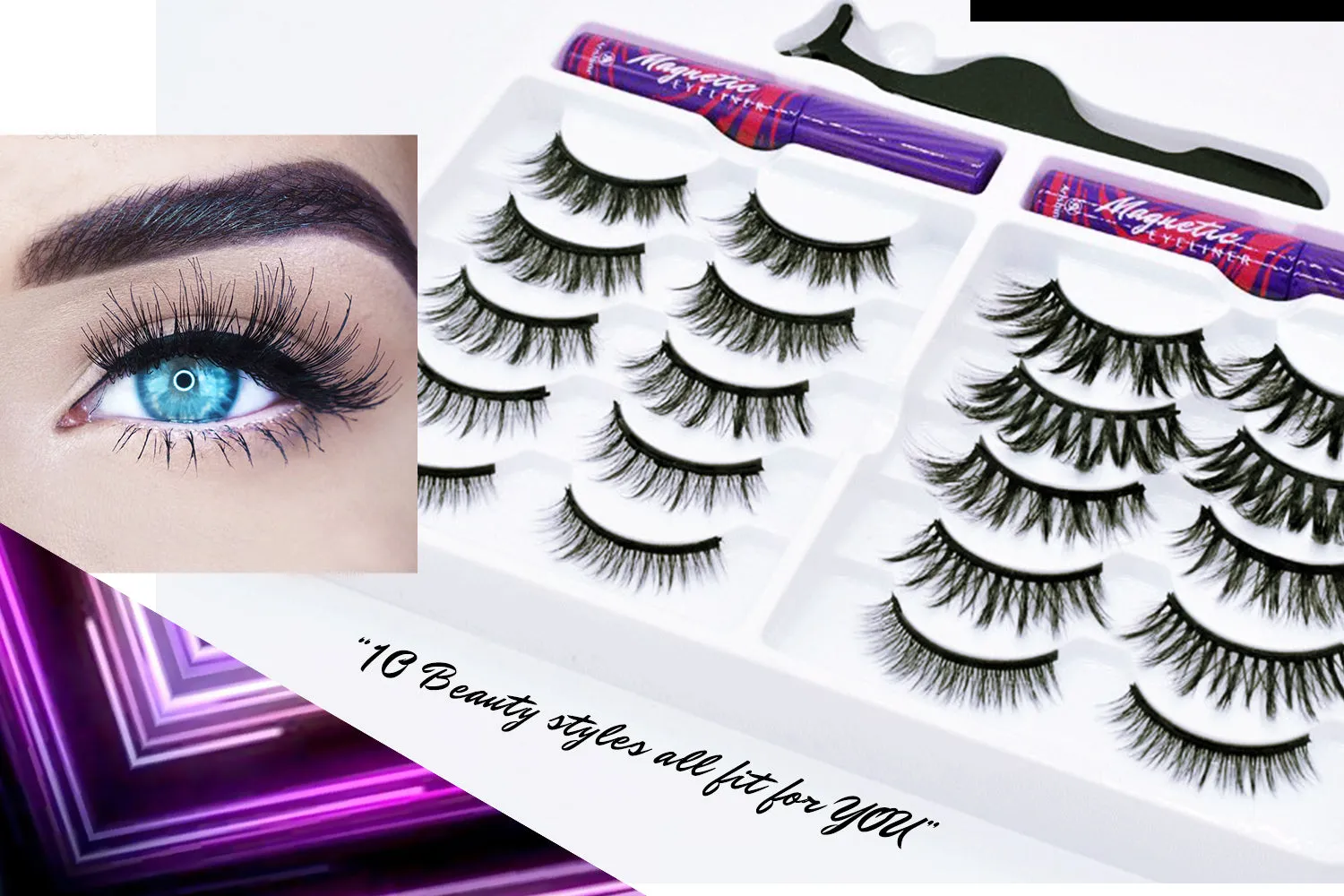 Arishine Natural Look 10 Pairs of 3D 5D False Magnetic Eyelashes and Eyeliner Kit with Applicator Tool