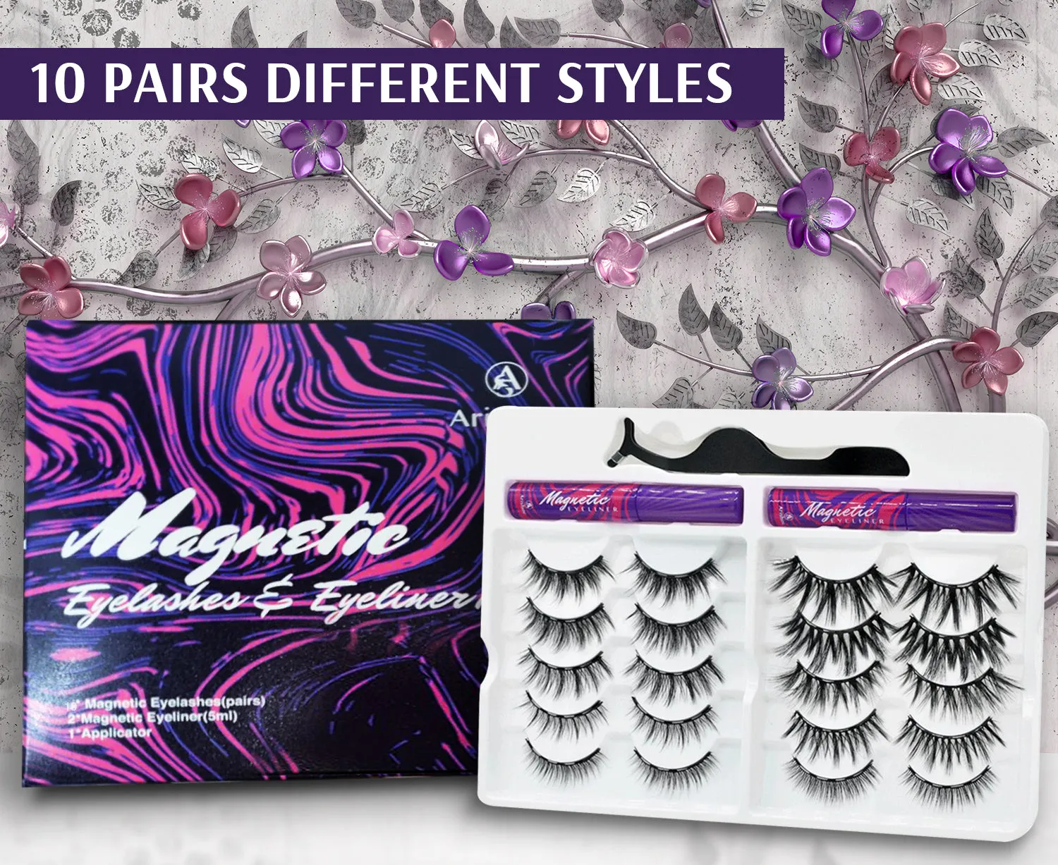 Arishine Natural Look 10 Pairs of 3D 5D False Magnetic Eyelashes and Eyeliner Kit with Applicator Tool