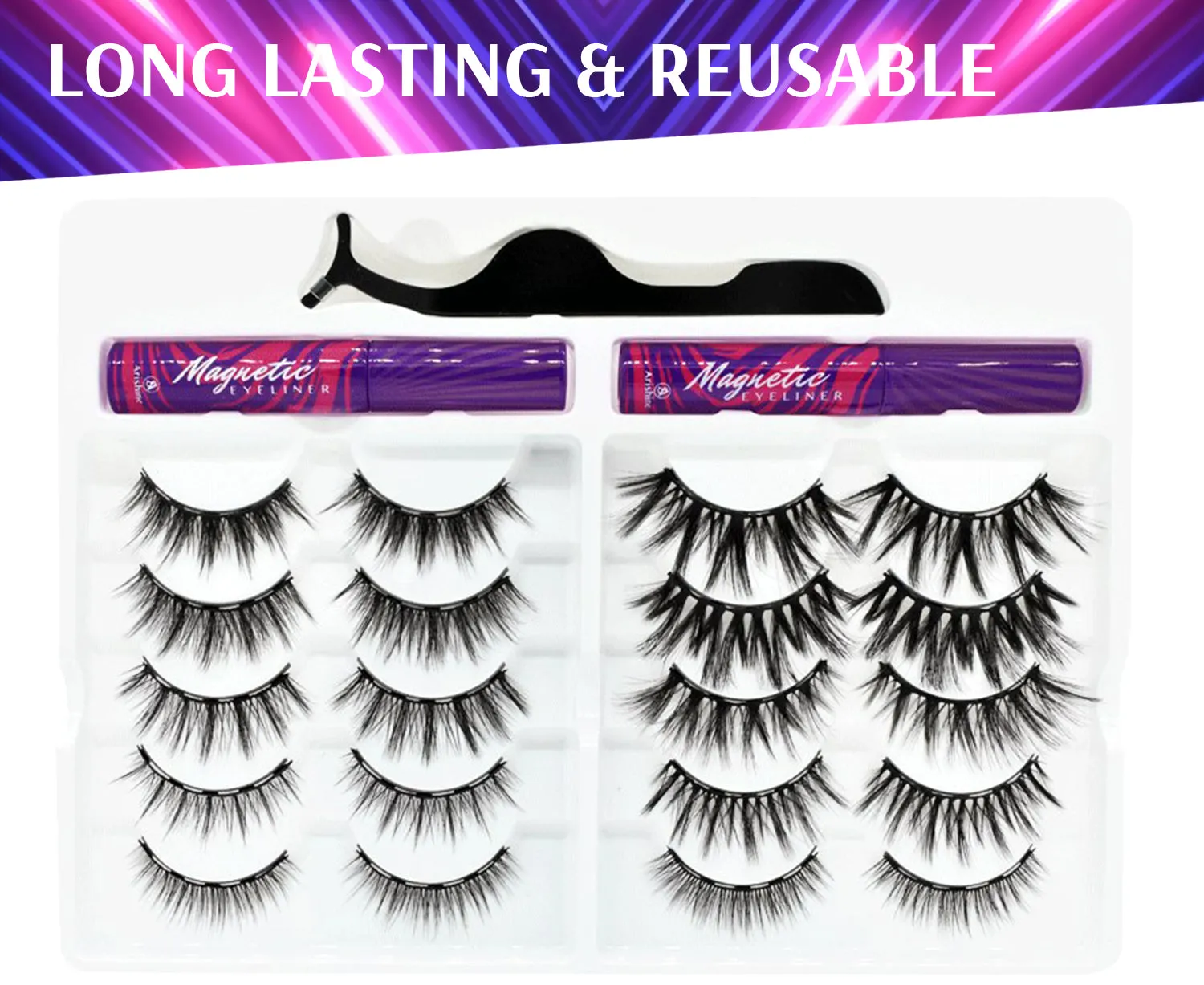 Arishine Natural Look 10 Pairs of 3D 5D False Magnetic Eyelashes and Eyeliner Kit with Applicator Tool