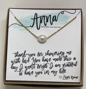 Baby shower hostess gift, baby boy shower hostess thank you gift, baby girl shower host gifts, dainty pearl necklace