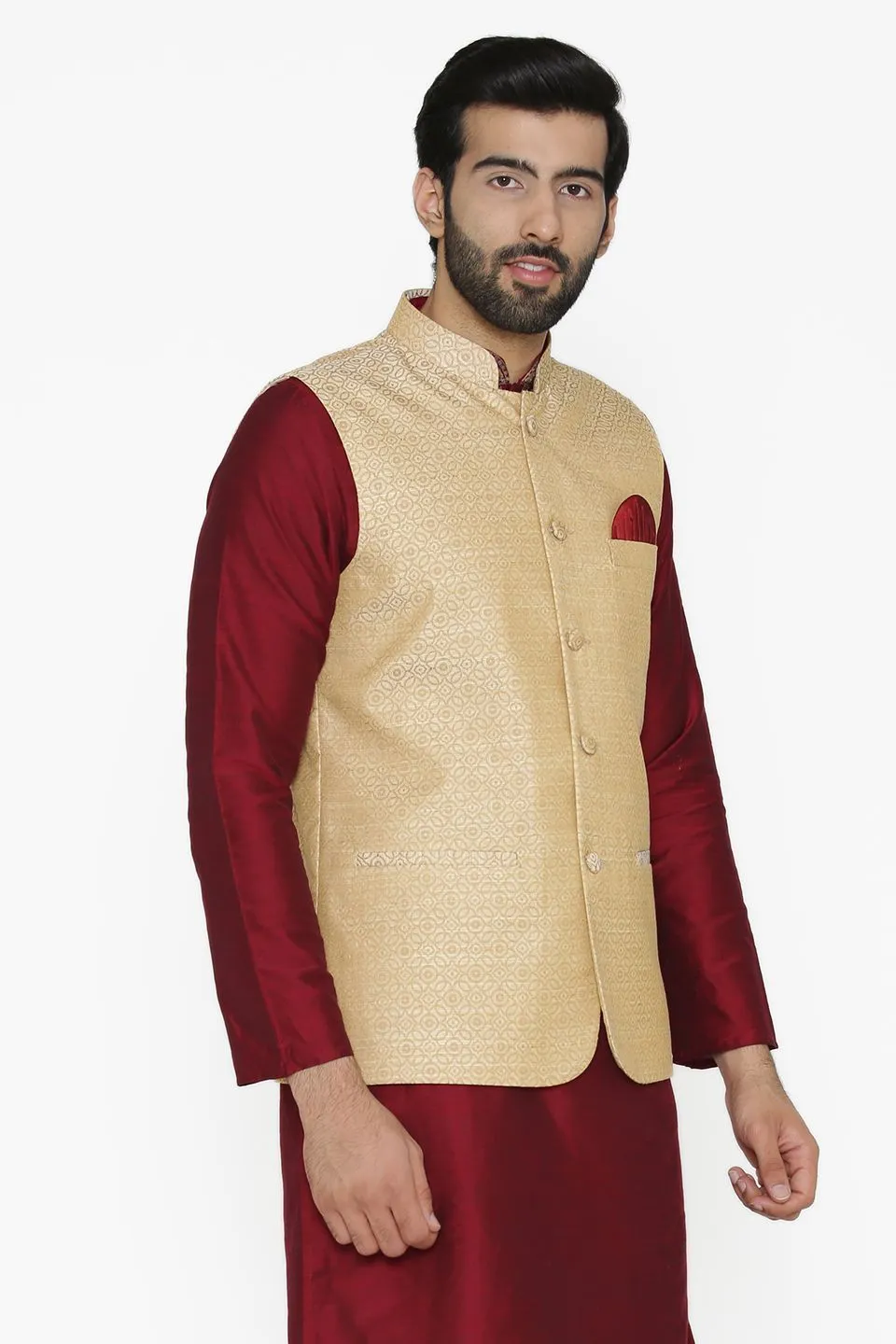 Banarasi Art Silk Cotton Blend Beige Modi Nehru Jacket