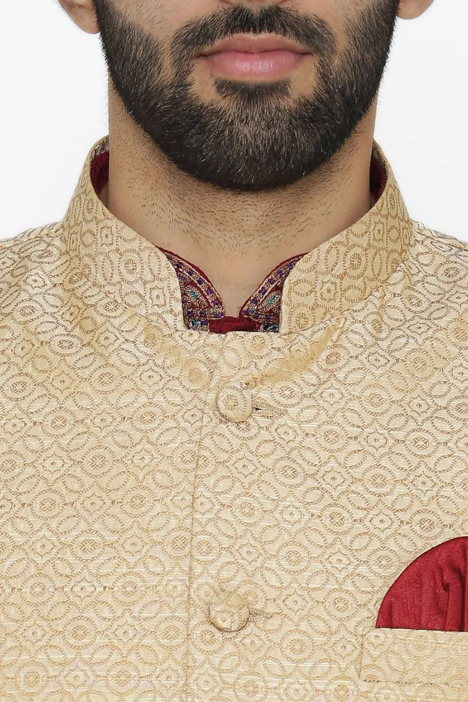 Banarasi Art Silk Cotton Blend Beige Modi Nehru Jacket