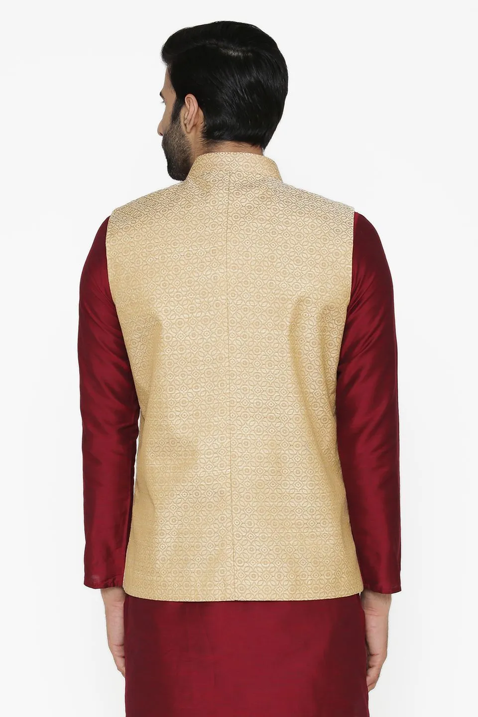 Banarasi Art Silk Cotton Blend Beige Modi Nehru Jacket