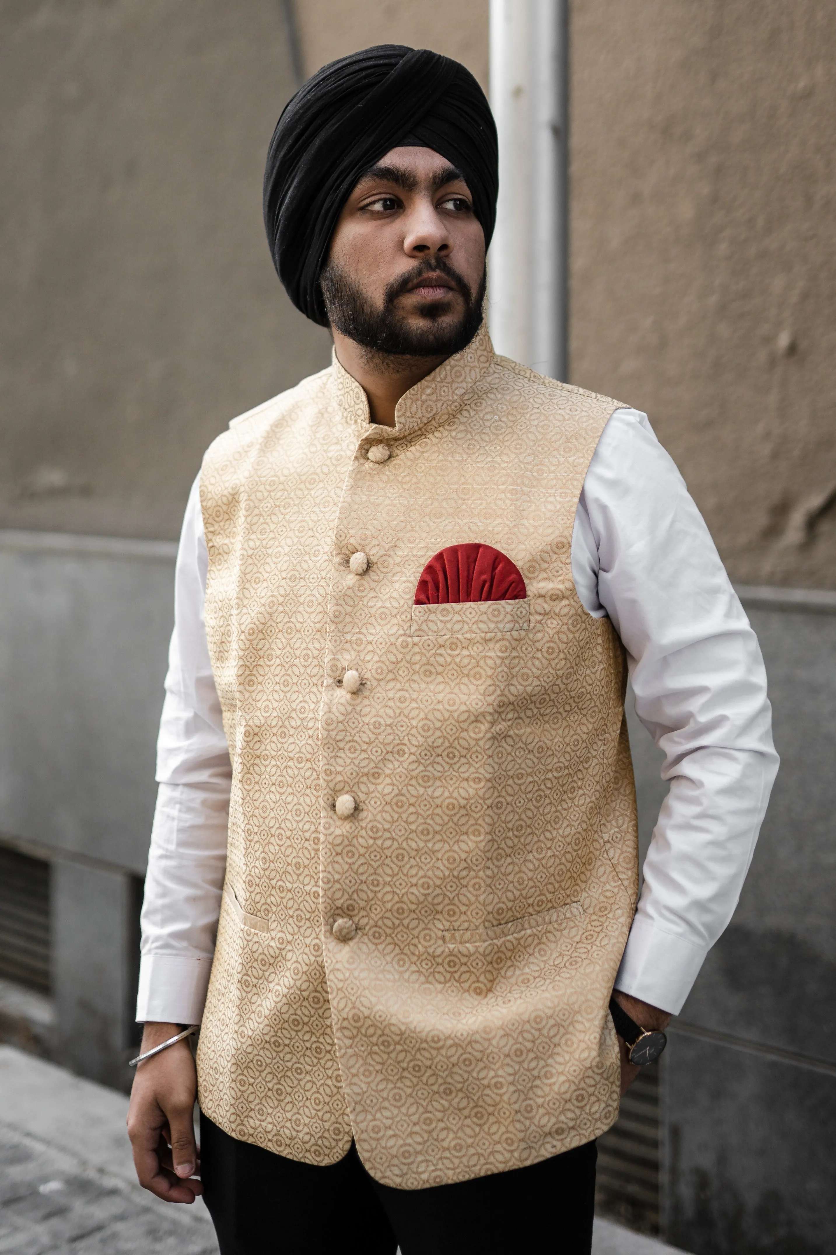 Banarasi Art Silk Cotton Blend Beige Modi Nehru Jacket