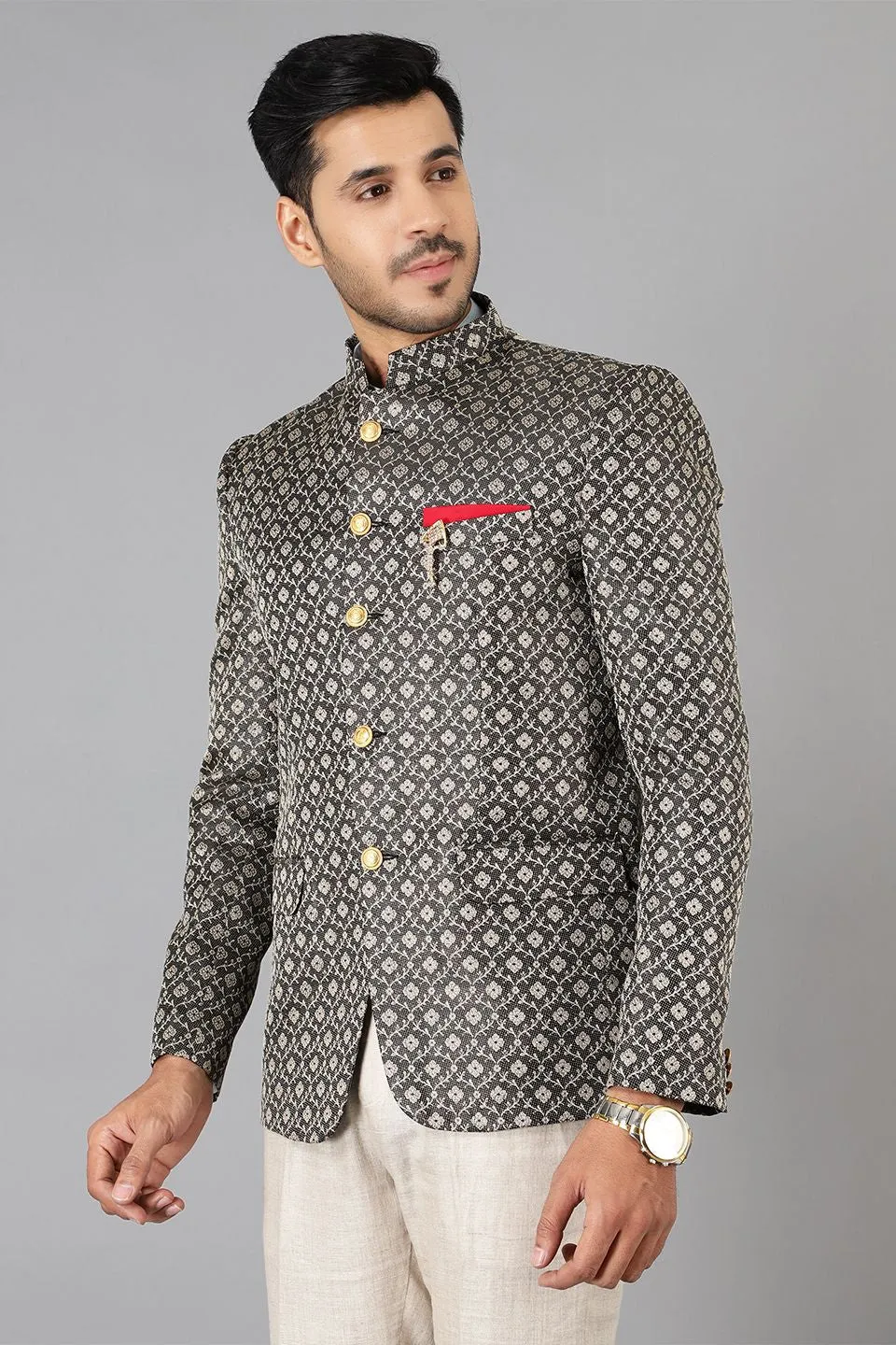 Banarasi Rayon Cotton Black Bandhgala