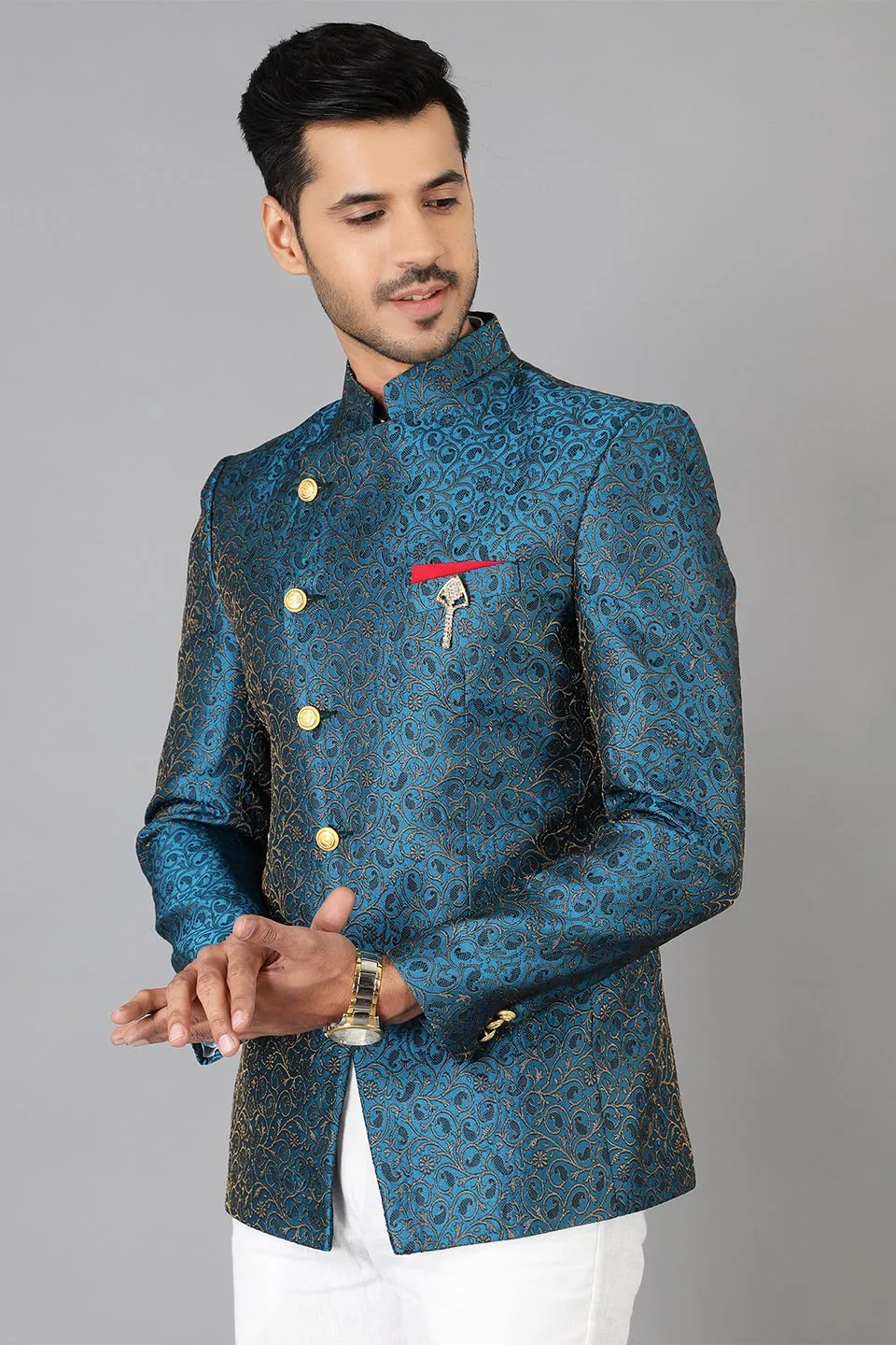 Banarasi Rayon Cotton Green  Bandhgala