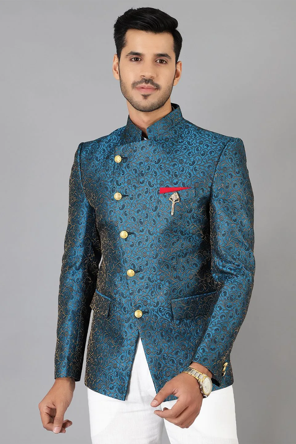 Banarasi Rayon Cotton Green  Bandhgala