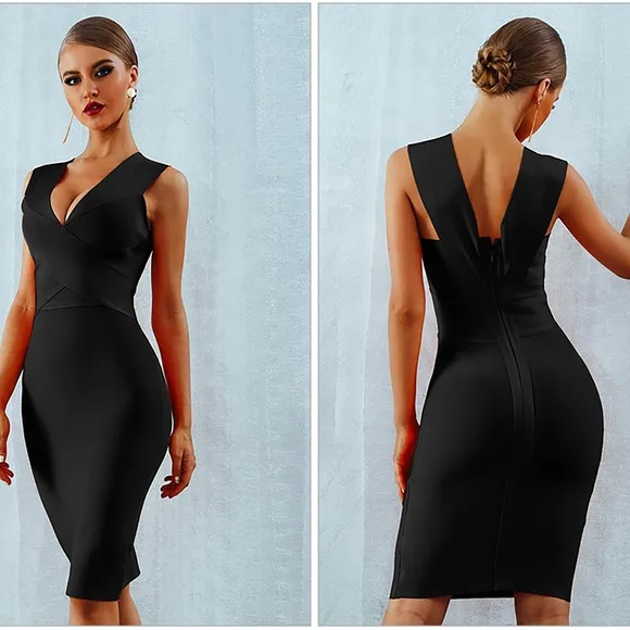 Bandage V Neck Bodycon Midi Dress Burgundy Wine