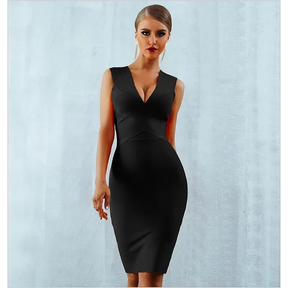 Bandage V Neck Bodycon Midi Dress Burgundy Wine