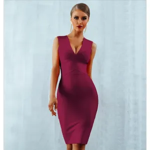 Bandage V Neck Bodycon Midi Dress Burgundy Wine