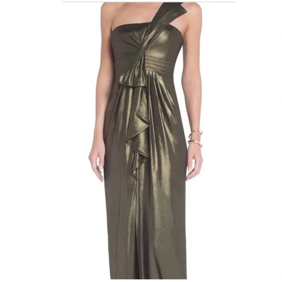 BCBGMaxAzria Barbara Metallic Gold One Shoulder Long Evening Dress Size 4