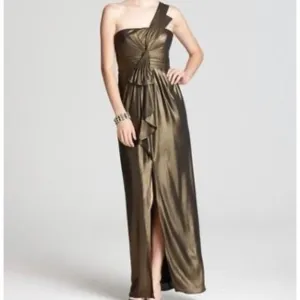 BCBGMaxAzria Barbara Metallic Gold One Shoulder Long Evening Dress Size 4