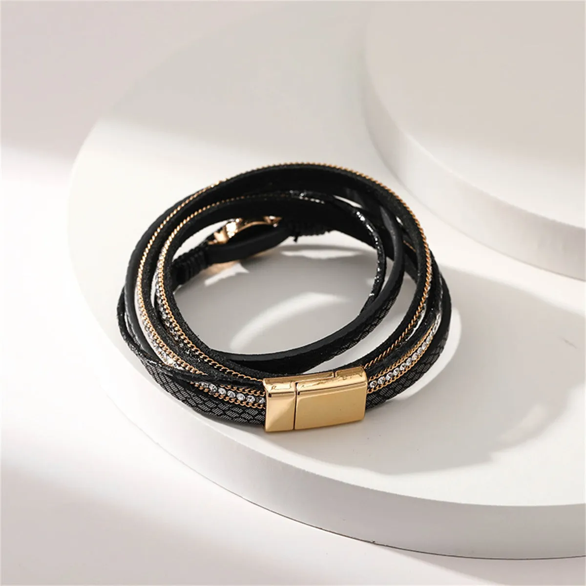 Black Polystyrene & Cubic Zirconia 18K Gold-Plated Layered Bracelet