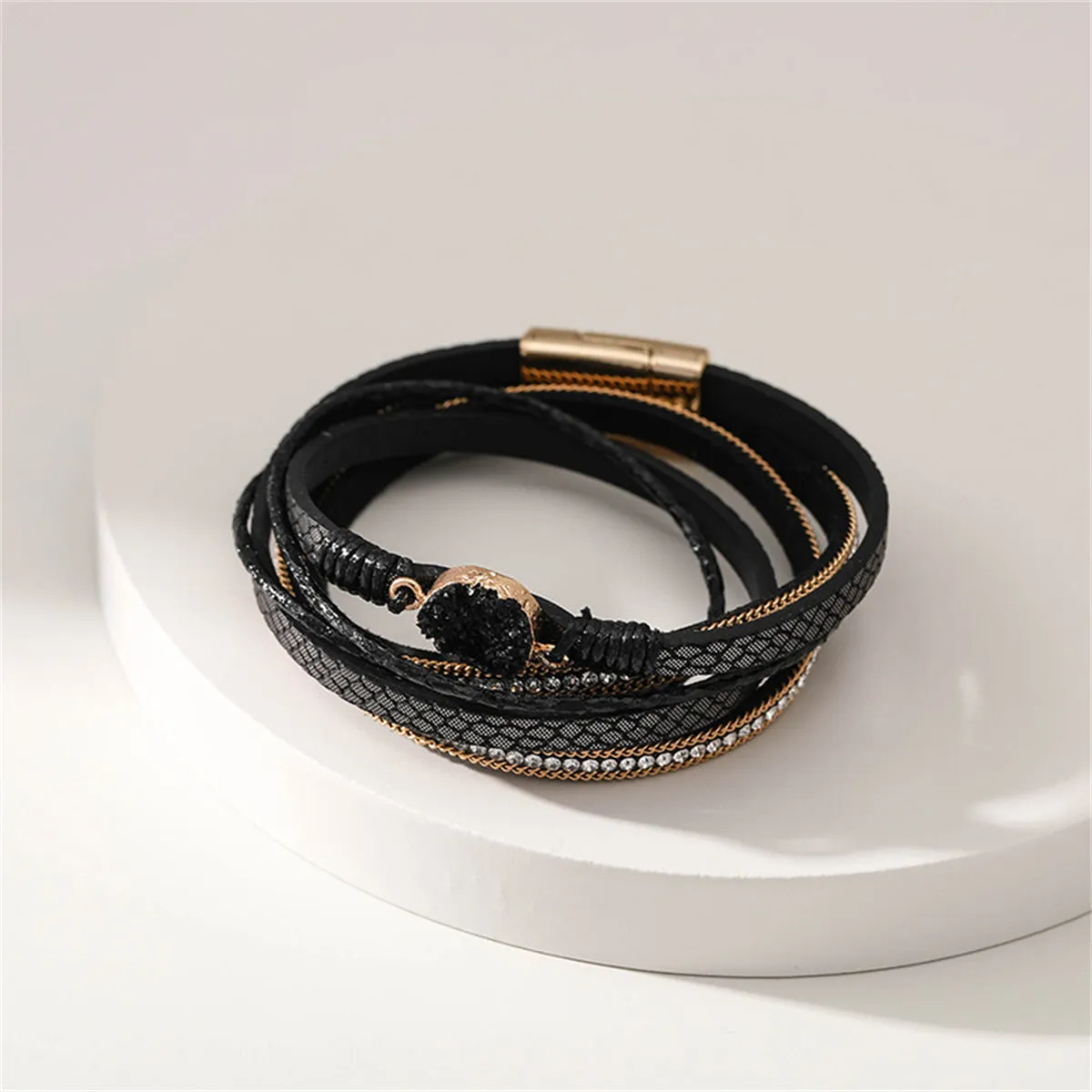 Black Polystyrene & Cubic Zirconia 18K Gold-Plated Layered Bracelet