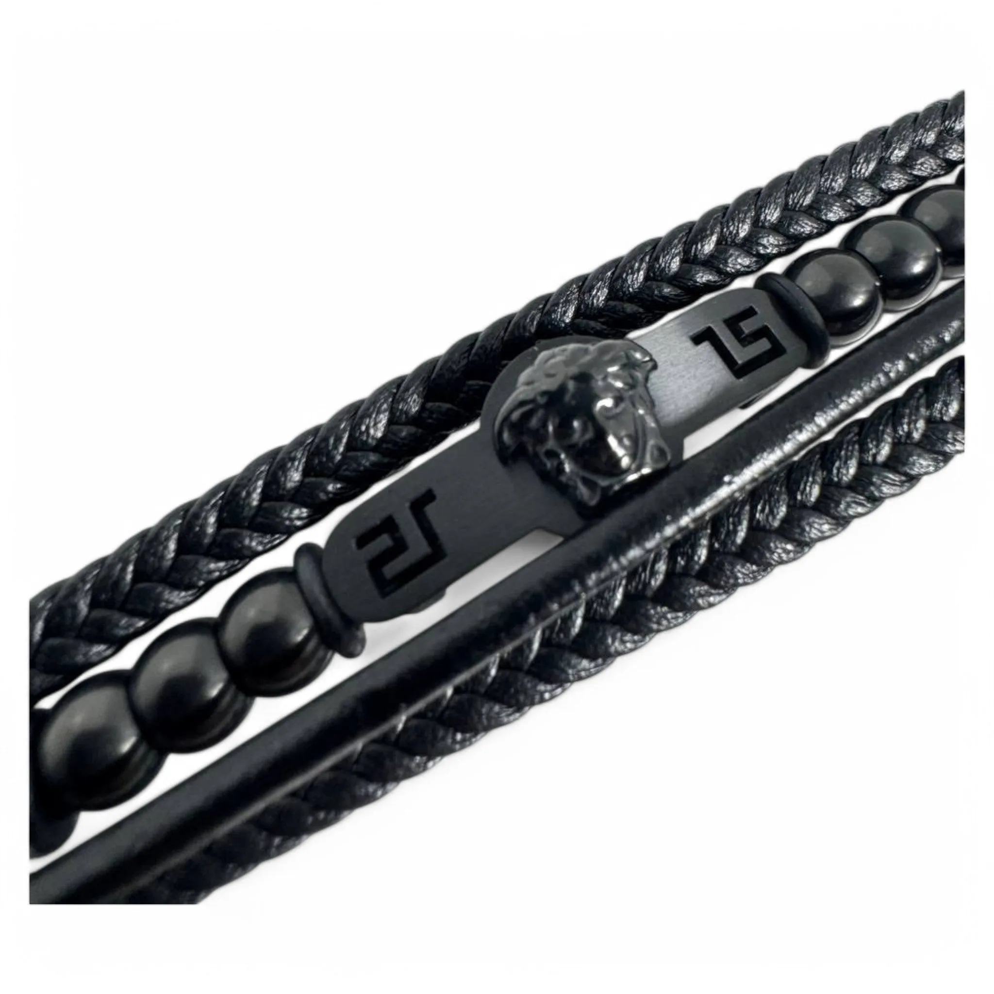 Black Versace-Inspired Braided Leather Bracelet